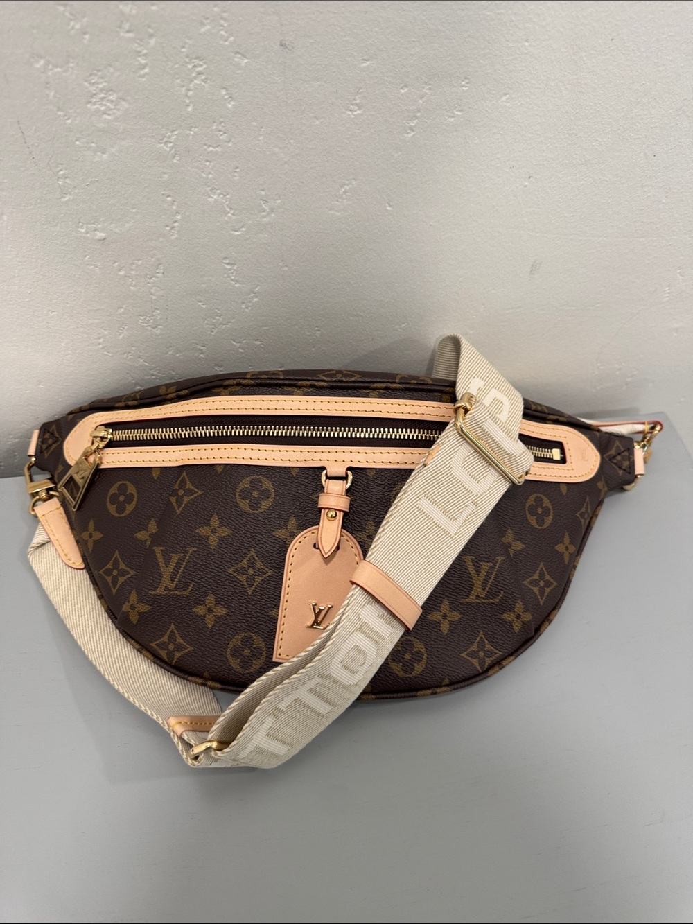 Louis Vuitton Brown Monogram Crossbody Bumbag with Beige Strap